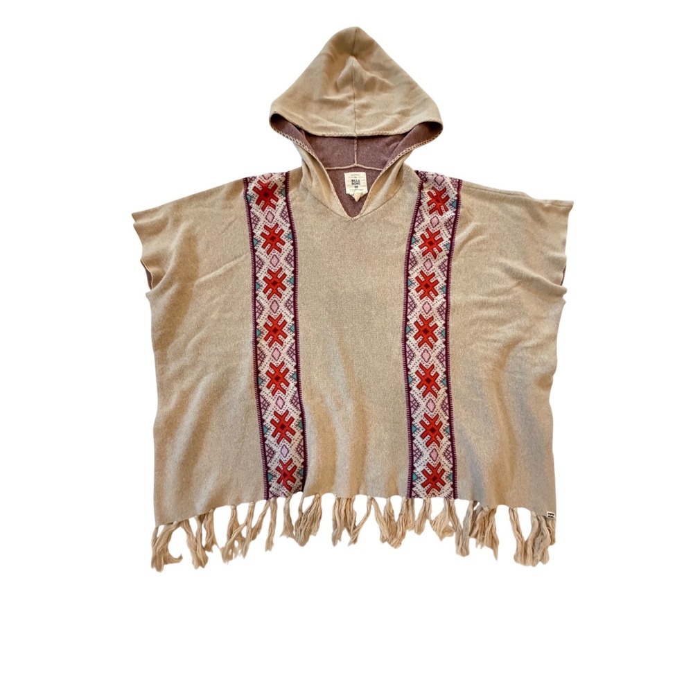 Billabong Hooded Poncho‎ Sweater Beige Southwestern Embroidered Fringe M/M